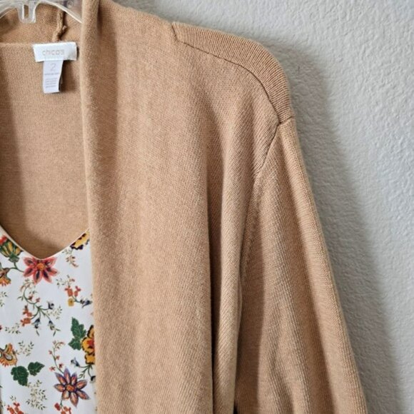 Chico's 2 Women's Tan Knit Cardigan Sweater Size Medium Open Front Office Long - Picture 3 of 15
